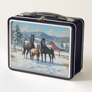Lunch Box Chevaux Appaloosa noirs sur une ferme en hiver