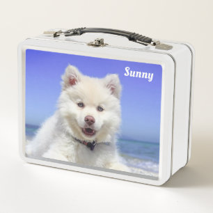 Lunch Box Chien blanc Samoyé sur bleu clair