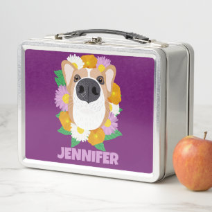Lunch Box Chien de Corgi avec fleurs violet Personnalisé