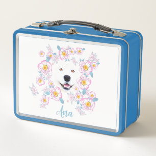 Lunch Box Chien Samoyed et fleurs roses, nom customisé