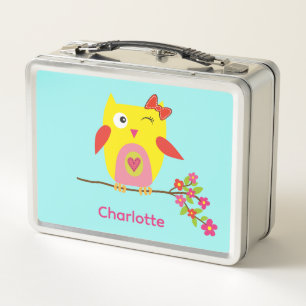 Lunch Box Chouette mignonne en branche avec fleurs roses Per