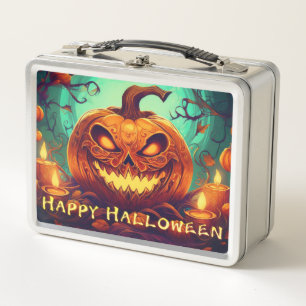Lunch Box Citrouille avec visage effrayant parmi des bougies