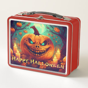 Lunch Box Citrouille avec visage effrayant parmi des bougies