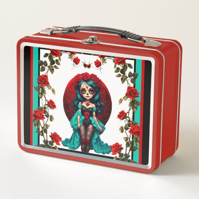 Lunch Box Crânes à sucre de Roses turquoises et rouges (Devant)