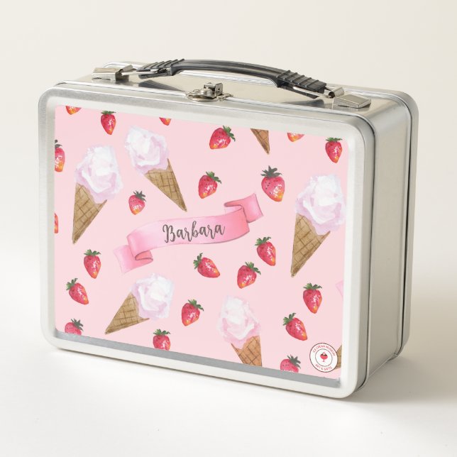 Lunch Box Crème de glace de fraise personnalisée rose mignon (Devant)