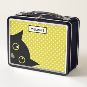Lunch Box Curieux Chat Noir Polka Jaune Point Personnalisé
