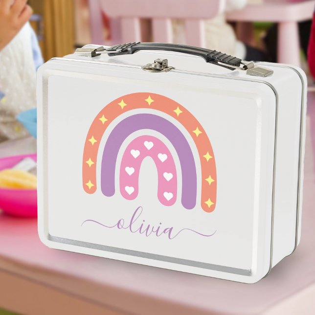 Lunch Box Cute Girls Boho Rainbow Name (purple pink and orange boho rainbow lunchbox)