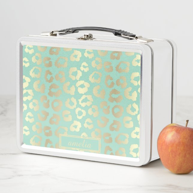 Lunch Box Cute Girly Mint Green Gold Empreinte de léopard pe (En situation)