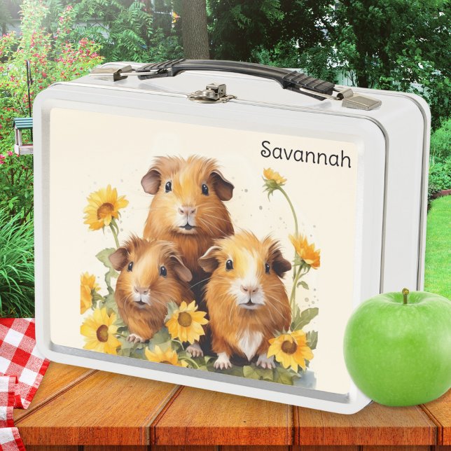 Lunch Box Cute Guinée Poigs Fleurs Joli animal animal de com (A personalized metal lunch box with watercolor-style illustration of three cute guinea pigs)