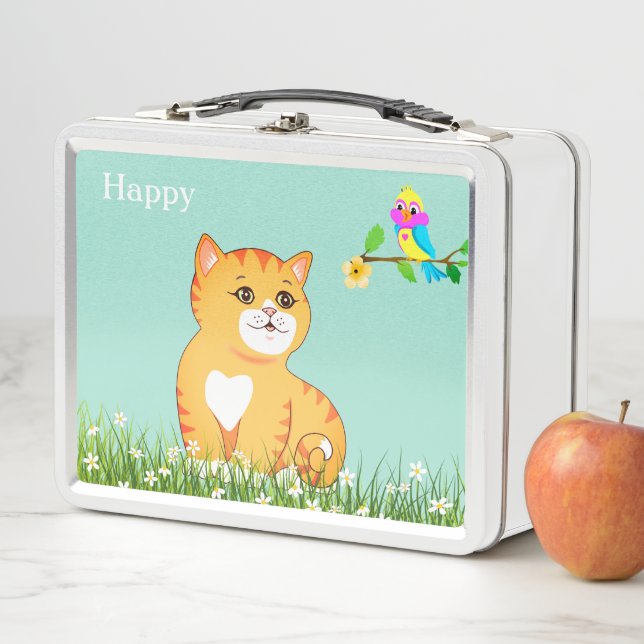 Lunch Box Cute Happy Tabby Chat & Petit Oiseau (En situation)