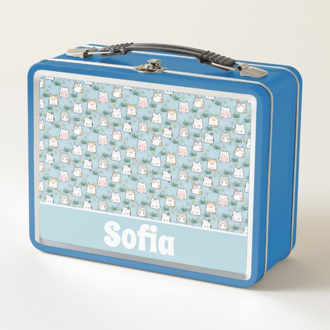 Lunch Box Cute kawaii kitty motif azure bleu nom (Devant)