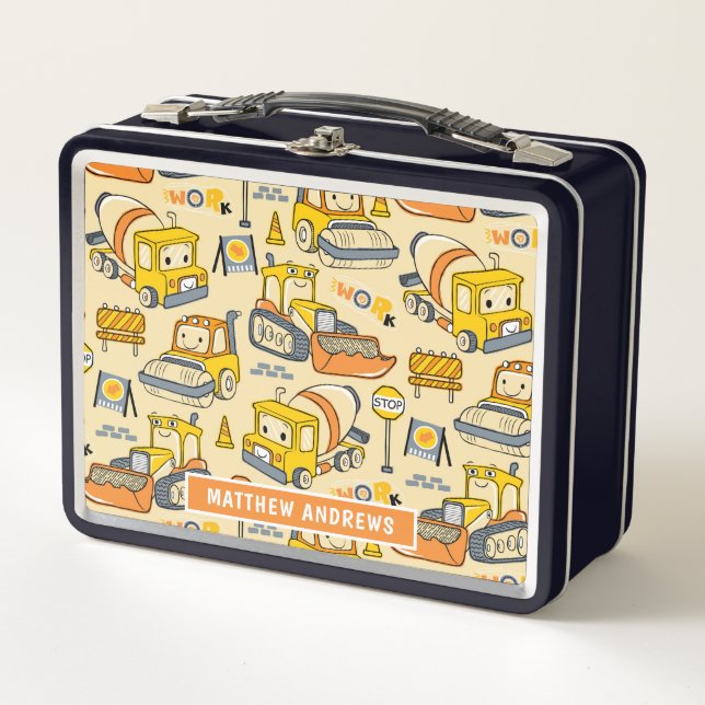 Lunch Box Cute Kids Construction Véhicules Nom personnalisé (Devant)