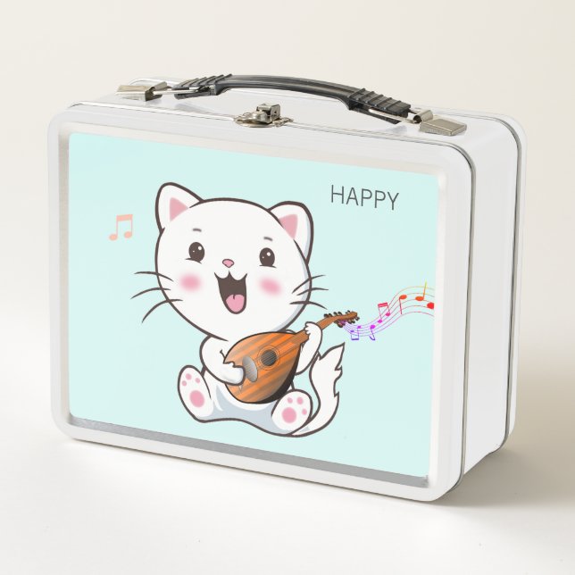 Lunch Box Cute Musical Blanc Chat Métal Boîte À Déjeuner (Devant)