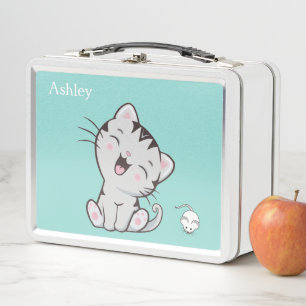 Lunch Box Cute Tabby Chat et souris sur bleu clair