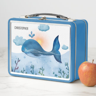 Lunch Box Cute Watercolor Blue Whale and Ocean Waves 