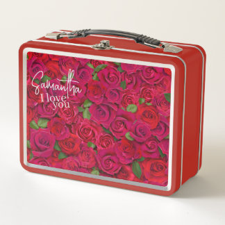 Lunch Box Deep Red Rose Pattern I Love You With Custom Name