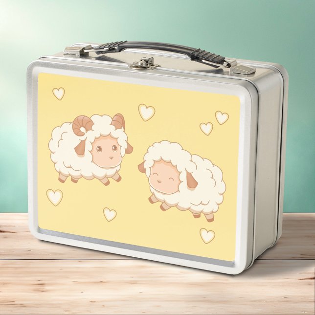 Lunch Box Deux mignonnes Petites Ewe de bélier sur Jaune (Créateur téléchargé)