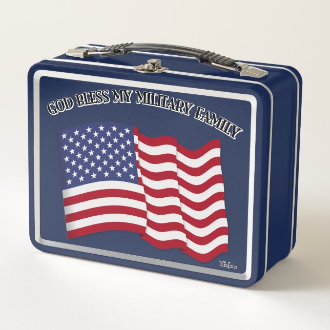Lunch Box DIEU BÉNISSE MA FAMILLE MILITAIRE avec le drapeau  (Devant)