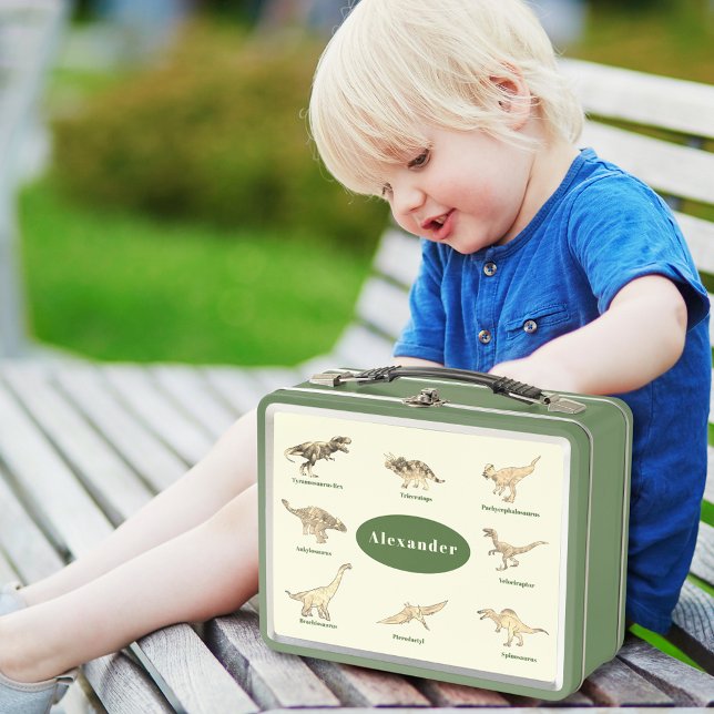 Lunch Box Dinosaures avec des noms École personnalisée (Dinosaurs with name green custom lunchbox ideal for kindergarten or school dino lovers)