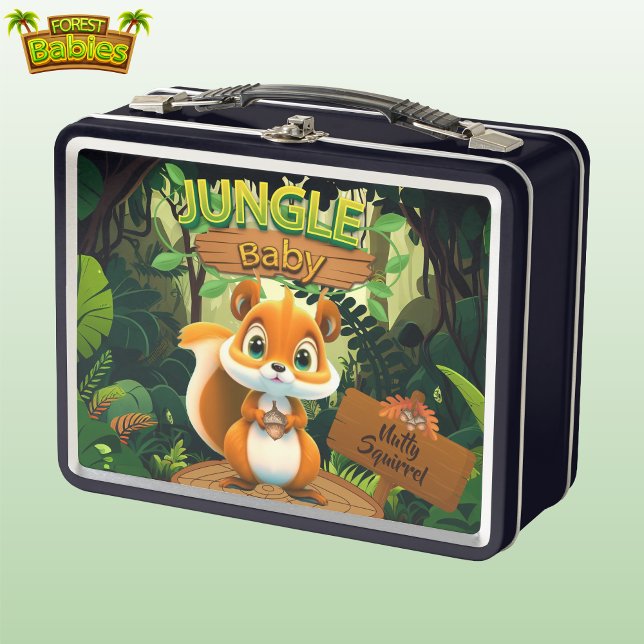 Lunch Box Écureuil Amoureux des animaux de la forêt faunique (Cute Jungle Baby Nutty Squirrel Whimsical Woodland Wildlife Animal Nature Black Metal Lunch Box 🐿)