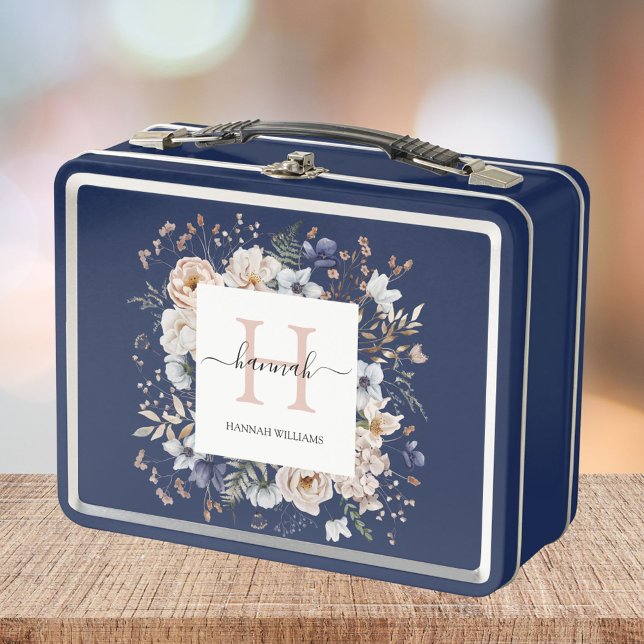 Lunch Box Elegant Monogram Pretty Beige Blue Flowers Floral (In situ)