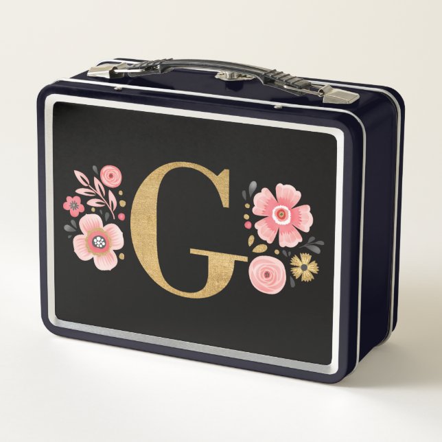 Lunch Box Élégant Monogramme floral rose Fille (Dos)