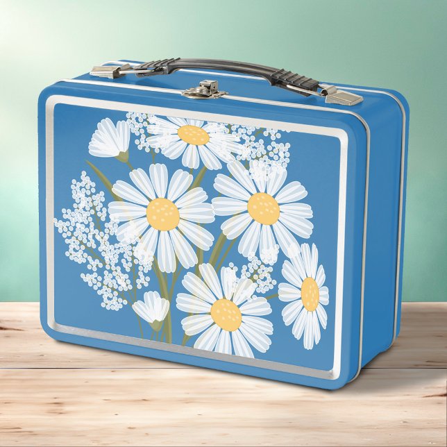 Lunch Box Elégante marguerite florale blanche sur bleu (Créateur téléchargé)