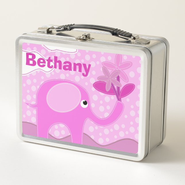 Lunch Box Eléphant et fleurs rose bébé Personnalisé (Devant)