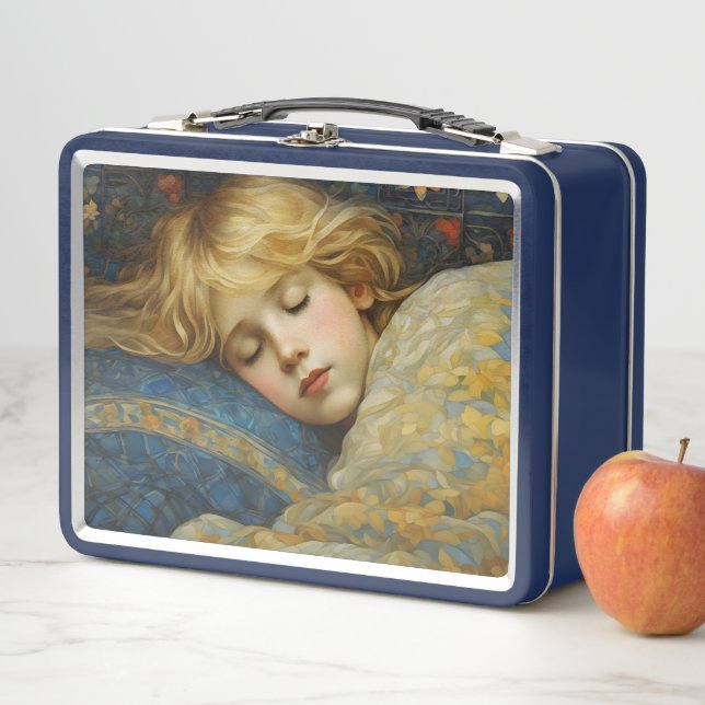 Lunch Box Enfant dormant rêvé dans une courtepointe fleurie (En situation)