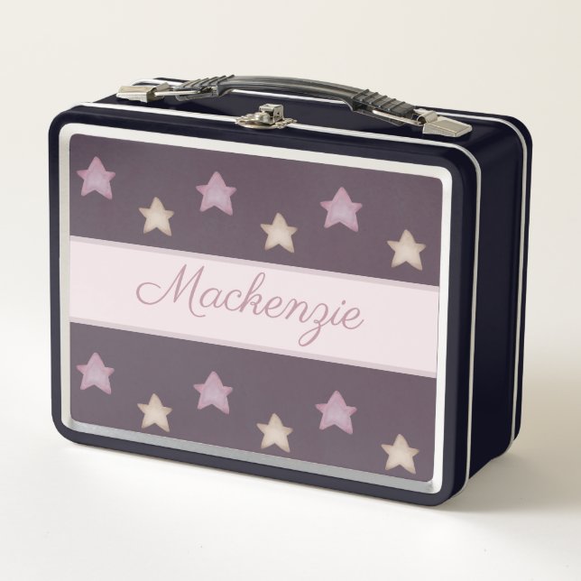 Lunch Box Étoiles mignonnes avec nom personnalisé sur rose (Devant)