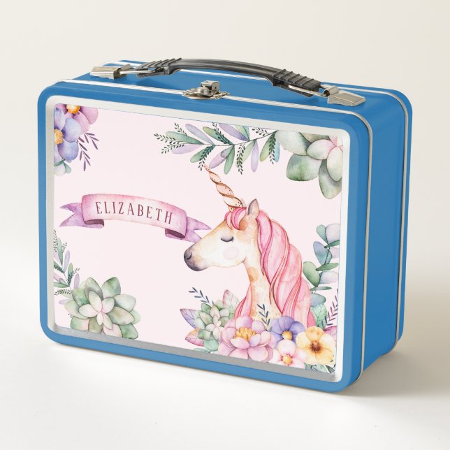 Lunch Box Fairytale rose Aquarelle Fleur Unicorne (Devant)
