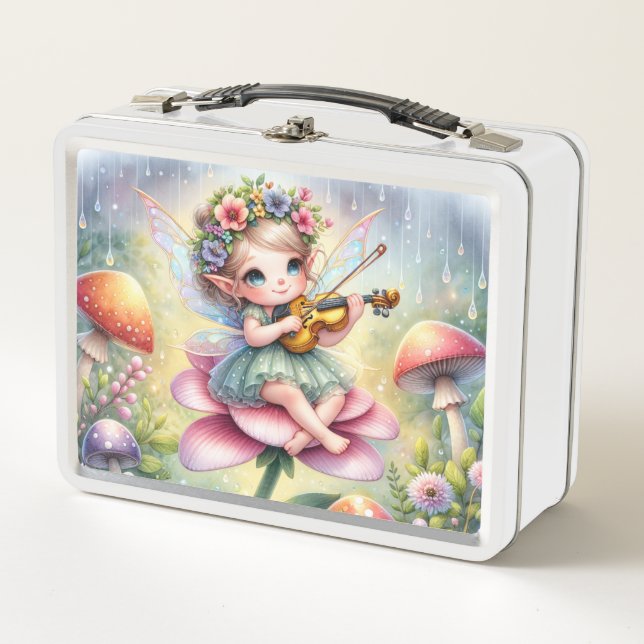 Lunch Box Fée de Chibi mignonne avec Violon sur Fleur rose (Devant)