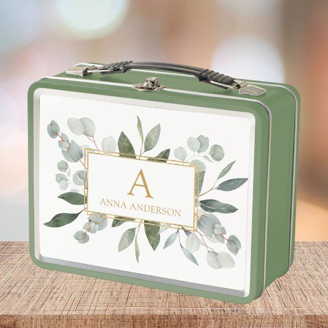 Lunch Box Feuilles tropicales vertes aquarelle Monogramme (In situ)