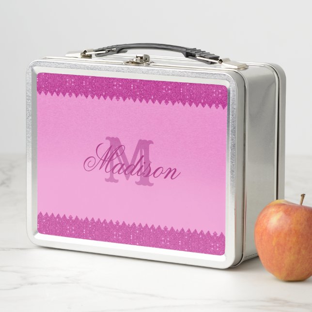 Lunch Box Fille rose parties scintillant zigzag, monogramme (En situation)