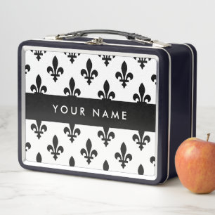Lunch Box Fleur de Lis, Noir sur Blanc, Noir, Votre Nom