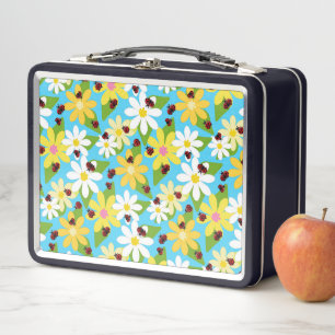 Lunch Box Fleurs blanches jaunes coccinelle rouge