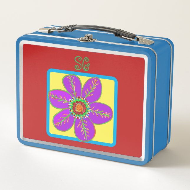 Lunch Box Fleurs vert violet brillant Monogramme (Devant)
