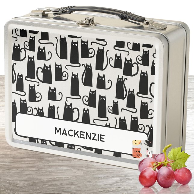 Lunch Box Fun Chat noir Personnalisé Nom personnalisé (Fun black kitty cat pattern personlized custom name metal lunch box)