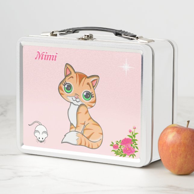Lunch Box Ginger kitty chat, fleurs, souris & étoile sur ros (En situation)