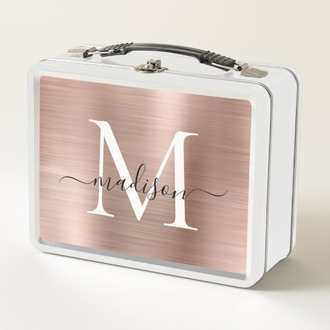 Lunch Box Glam Girly Rose or brossé métal monogramme Script (Devant)