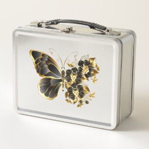 Lunch Box Gold flower Butterfly with Black Orchid