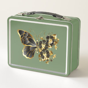 Lunch Box Gold flower Butterfly with Black Orchid