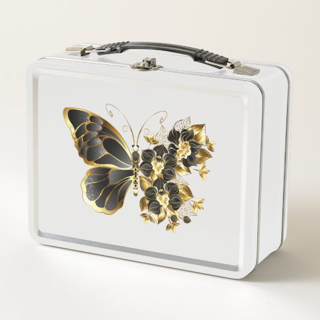 Lunch Box Gold flower Butterfly with Black Orchid (Devant)