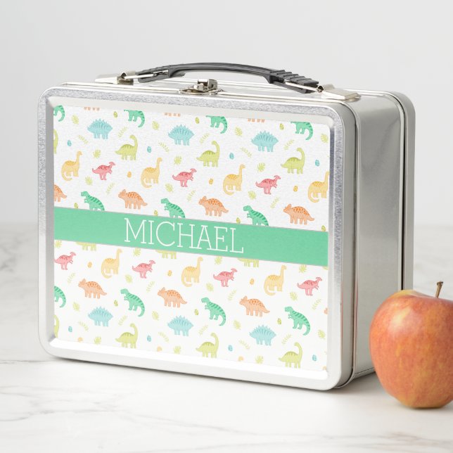 Lunch Box Green Blue Dinosaur Motif Nom personnalisé (En situation)