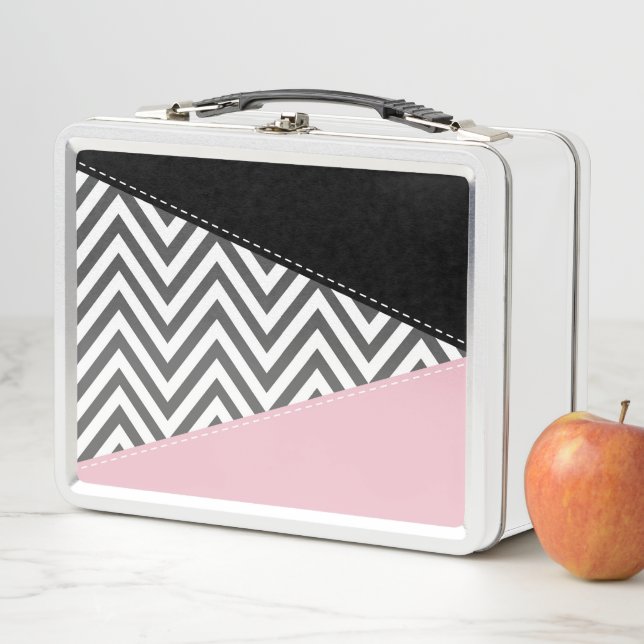 Lunch Box Gris Zigzag, Gris Chevron, Motif Zigzag, Rose (En situation)
