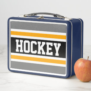 Lunch Box HOCKEY Grey Black White Yellow Stripes de course