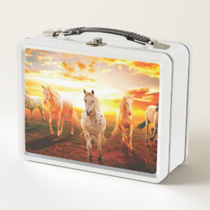 Lunch Box Horses at sunset throw pillow