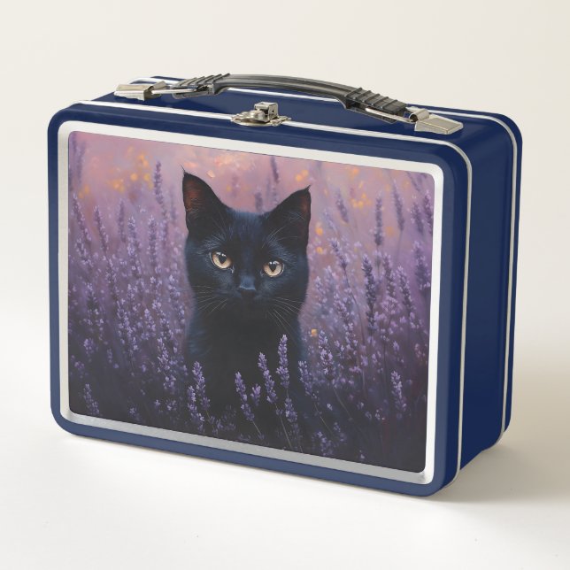 Lunch Box Illustration d'un chat noir dans un champ de lavan (Devant)