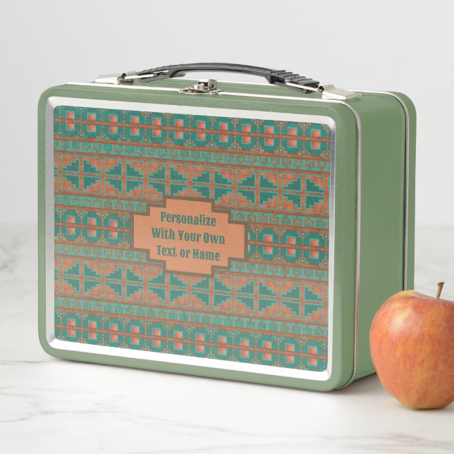 Lunch Box Impression géométrique en cuivre Turquoise sud-oue (En situation)