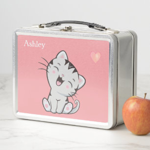 Lunch Box Joli chat tigré & cœur sur fond rose clair